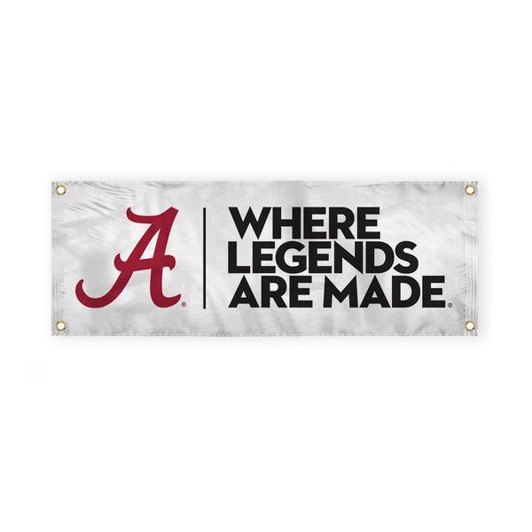 Alabama Script A Logo with 4 Brass Grommets - 3x8 Ft - Printed Double-Layered 2 ply Spun Polyester - Correctly Reads on Both Sides - Finished Ends for Added Durability - Quadruple Stitched Fly End