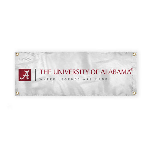 Alabama University Crimson Tide White Design Logo with 4 Brass Grommets - 3x8 Ft - Printed Double-Layered 2 ply Spun Polyester - Correctly Reads on Both Sides - Finished Ends for Added Durability - Quadruple Stitched Fly End