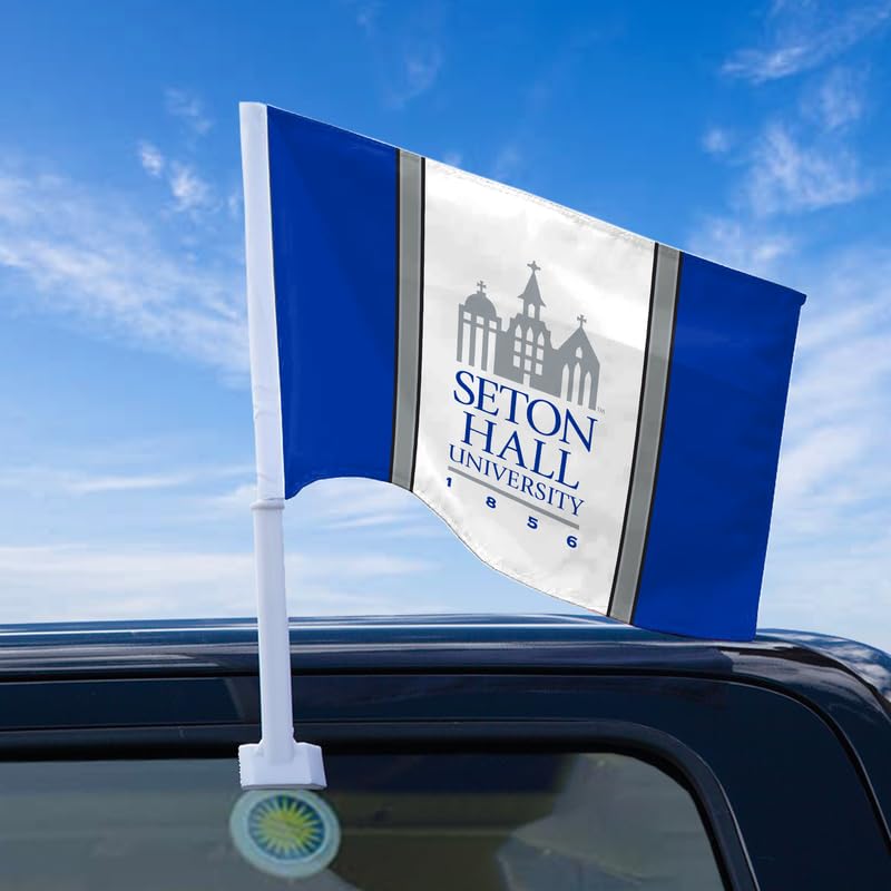 AGAS Seton Hall University Economy Car Flag 12 x 16 inch – Single Sided Printed Polyester Seton Hall Pirates – Official NCAA SHU Product – Vehicle Mount with 17 inch Flex Pole and Closed Top Sleeve