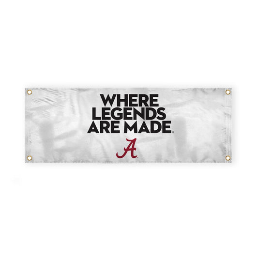 Alabama Collegiate Crimson Tide Where Legends Are Made Primary A Logo with 4 Brass Grommets - 3x8 Ft - Printed Double-Layered 2 ply Spun Polyester - Correctly Reads on Both Sides - Finished Ends for Added Durability - Quadruple Stitched Fly End