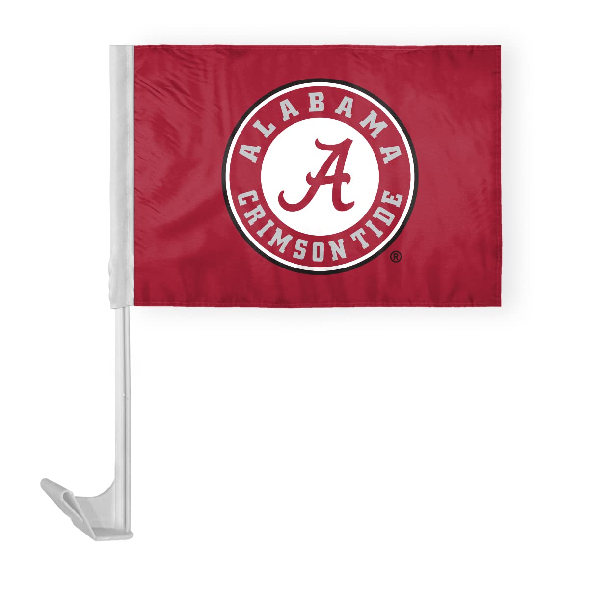 Alabama University Crimson Tide Circle Logo Car Flags - 7.5x10.5 inch Double-Layered Printed Polyester Fabric - 13" Flexible Plastic Pole for Attaching to Vehicle Window - NCAA Licensed Alabama Round Logo Car Flags