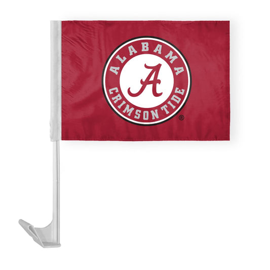 Alabama University Crimson Tide Circle Logo Car Flags - 7.5x10.5 inch Double-Layered Printed Polyester Fabric - 13" Flexible Plastic Pole for Attaching to Vehicle Window - NCAA Licensed Alabama Round Logo Car Flags
