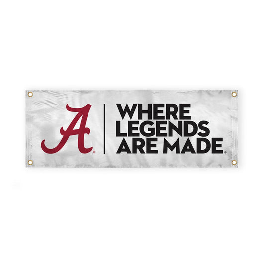 Alabama Script A Logo with 4 Brass Grommets - 3x8 Ft - Printed Double-Layered 2 ply 200 Denier Nylon - Correctly Reads on Both Sides - Finished Ends for Added Durability - Quadruple Stitched Fly End