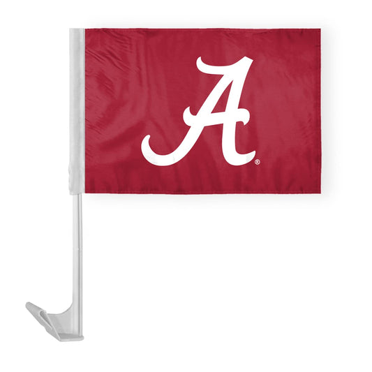 AGAS Alabama University Crimson Tide Primary A Logo Car Flags - 12x16 inch Double-Layered Printed Polyester Fabric - 17" Flexible Plastic Pole for Attaching to Vehicle Window - NCAA Licensed Alabama A Logo Car Flags