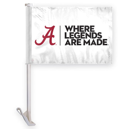 AGAS Alabama University Crimson Tide White Where Legends Are Made Car Flags - 10.5x15 inch Double-Layered Printed Wrap Knitted Polyester - 19" Unbreakable Plastic Pole for Attaching to Vehicle Window