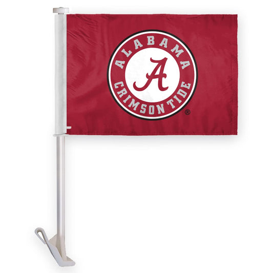 Alabama University Crimson Tide Circle Logo Car Flags - 10.5x15 inch Double-Layered Printed Wrap Knitted Polyester - 19" Unbreakable Plastic Pole for Attaching to Vehicle Window - NCAA Licensed Alabama Round Logo Car Flags