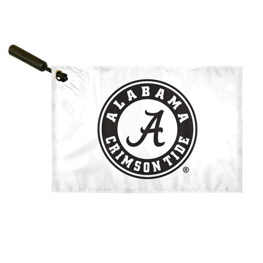 AGAS Alabama Collegiate Plastic Swirler Flag - 12x18 Inch | White Circle Logo | Single Layered 1 Ply Epoly | Built-in Plastic Swirler Handle Bar | Double Stitched Corners & Double Folded Ends