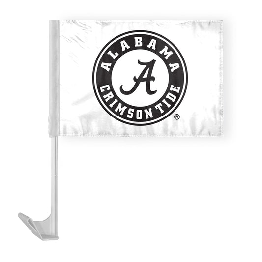 Alabama University Crimson Tide White Circle Car Flags - 7.5x10.5 inch Double-Layered Printed Polyester Fabric - 13" Flexible Plastic Pole for Attaching to Vehicle Window - NCAA Licensed Alabama Round Logo Black Car Flags