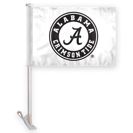 Alabama University Crimson Tide White Circle Car Flags - 10.5x15 inch Double-Layer Wrap Knit Polyester - 19" Stiff Pole - NCAA Licensed Alabama Round Logo Black Car Flags