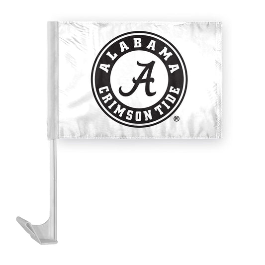 Alabama University Crimson Tide White Circle Car Flags - 7.5x10.5 inch Double-Layered Printed Wrap Knitted Polyester - 13" Flexible Plastic Pole for Attaching to Vehicle Window - NCAA Licensed Alabama Round Logo Black Car Flags