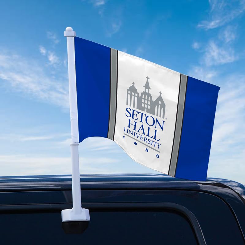 AGAS Seton Hall University Car Flag 10.5 x 15 inch – Single Sided Printed Wrap Knitted Polyester Seton Hall Pirates – Official NCAA SHU Product – Vehicle Mount with 19 inch Stiff Pole and 1 inch Sleeve