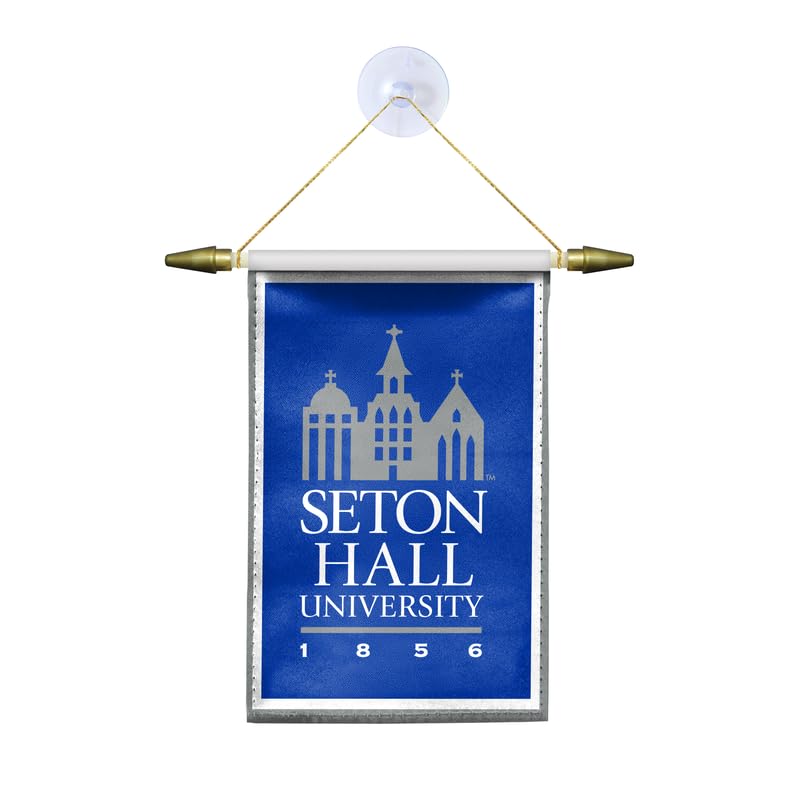 AGAS Seton Hall University Mini Banner 4 x 6 inch – Single Sided Printed Satin Building Graphic Design – Official NCAA SHU Product – Hanging Banner with Cross Bar, Cord and Suction Cup
