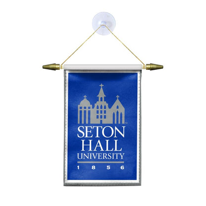 AGAS Seton Hall University Mini Banner 4 x 6 inch – Single Sided Printed Satin Building Graphic Design – Official NCAA SHU Product – Hanging Banner with Cross Bar, Cord and Suction Cup