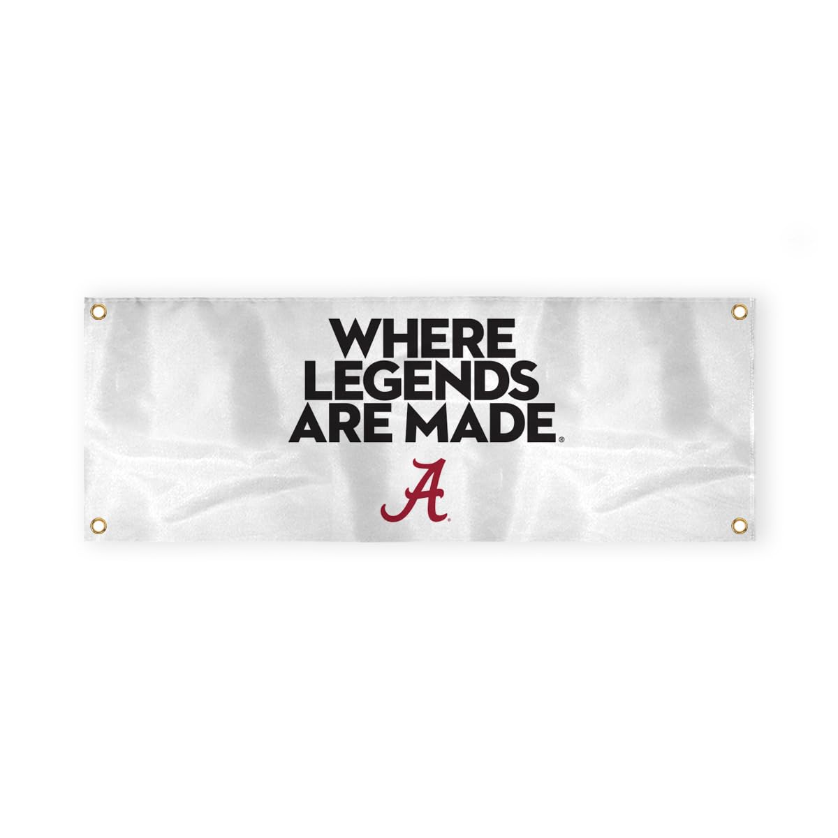 Alabama Collegiate Crimson Tide Where Legends Are Made Primary A Logo with 4 Brass Grommets - 2x4 Ft - Printed Double-Layered 2 ply 200 Denier Nylon - Correctly Reads on Both Sides - Finished Ends for Added Durability - Quadruple Stitched Fly End