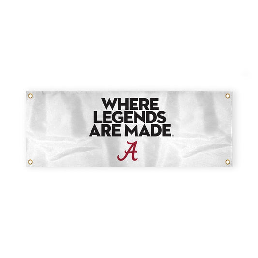 Alabama Collegiate Crimson Tide Where Legends Are Made Primary A Logo with 4 Brass Grommets - 2x4 Ft - Printed Double-Layered 2 ply 200 Denier Nylon - Correctly Reads on Both Sides - Finished Ends for Added Durability - Quadruple Stitched Fly End