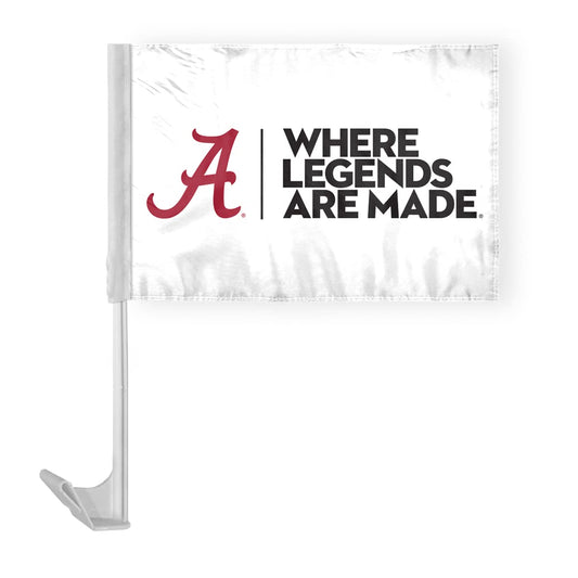 AGAS Alabama University Crimson Tide White Where Legends Are Made Car Flags - 12x16 inch Double-Layered Printed Polyester Fabric - 17" Flexible Plastic Pole for Attaching to Vehicle Window