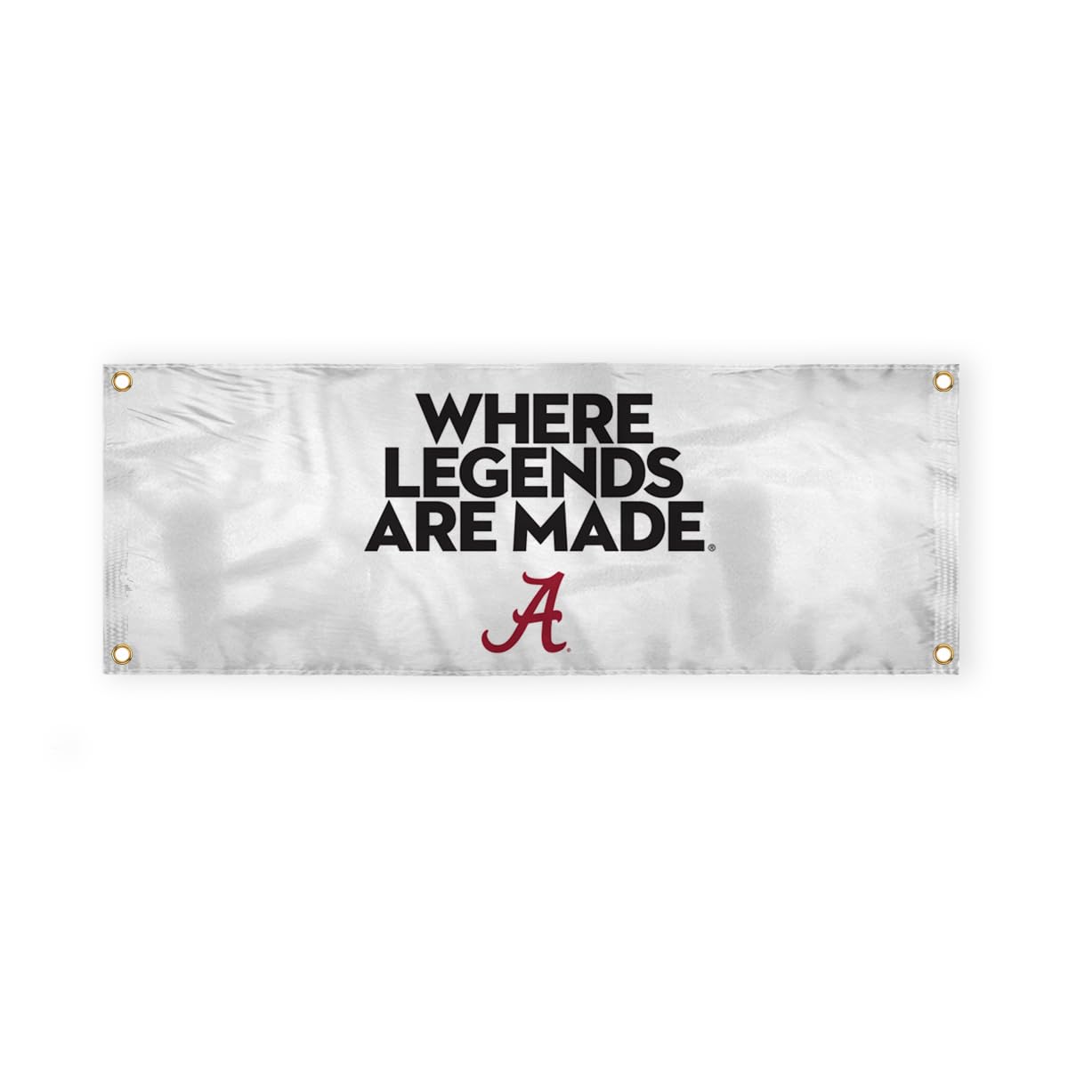 Alabama Collegiate Crimson Tide Where Legends Are Made Primary A Logo with 4 Brass Grommets - 3x8 Ft - Printed Double-Layered 2 ply 200 Denier Nylon - Correctly Reads on Both Sides - Finished Ends for Added Durability - Quadruple Stitched Fly End
