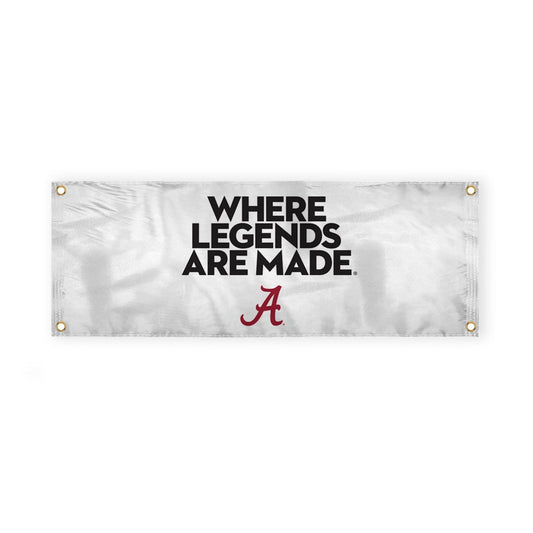 Alabama Collegiate Crimson Tide Where Legends Are Made Primary A Logo with 4 Brass Grommets - 3x8 Ft - Printed Double-Layered 2 ply 200 Denier Nylon - Correctly Reads on Both Sides - Finished Ends for Added Durability - Quadruple Stitched Fly End