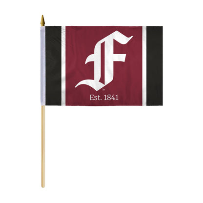 AGAS Fordham University Stick Flag 12 x 18 inch – Single Sided Printed Polyester Fordham Rams Flag with F Logo – Official NCAA Product – Fordham University Hand Flag with 24 inch Wood Pole and Gold Spear Top