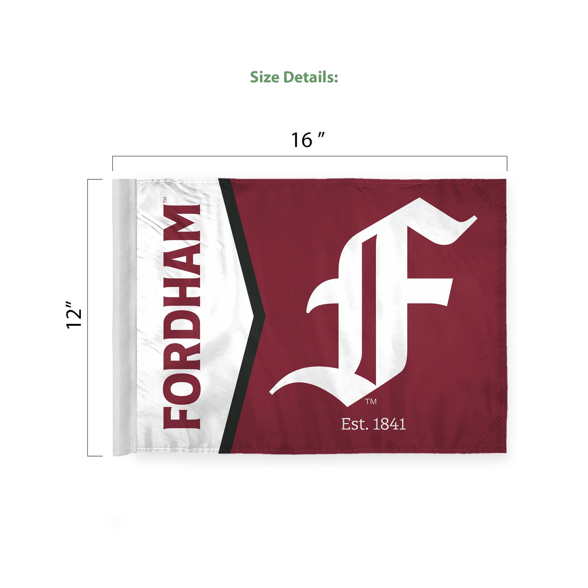 AGAS Fordham University Economy Car Flag 12 x 16 inch – Single Sided Printed Polyester Fordham Rams Flag with F Logo – Official NCAA Product – Fordham University Vehicle Flag with 17 inch Flex Pole and 1 inch Closed Top Sleeve