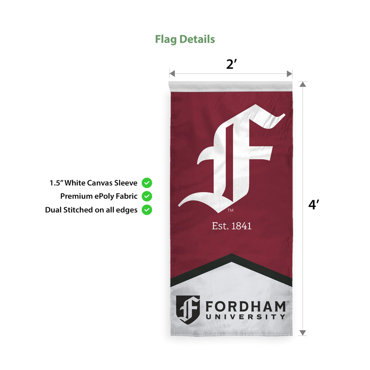 AGAS Fordham University Vertical Banner 2 x 4 ft – Single Sided Printed Polyester Fordham Rams Banner with F Logo – Official NCAA Product – Fordham University Hanging Banner with 1.5 inch Pole Sleeve and Reinforced Stitching