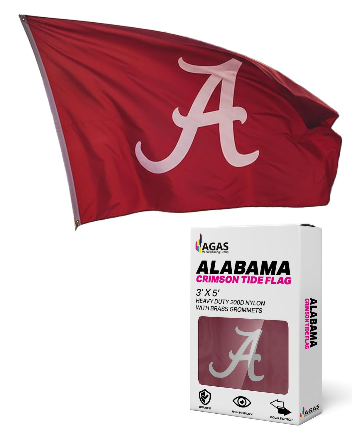 Alabama University Crimson Tide Primary A Logo Flags - 3x5 Ft Printed 200D Nylon with Brass Grommets - Officially NCAA Licensed Alabama University Crimson Tide Red Bama UA Flags