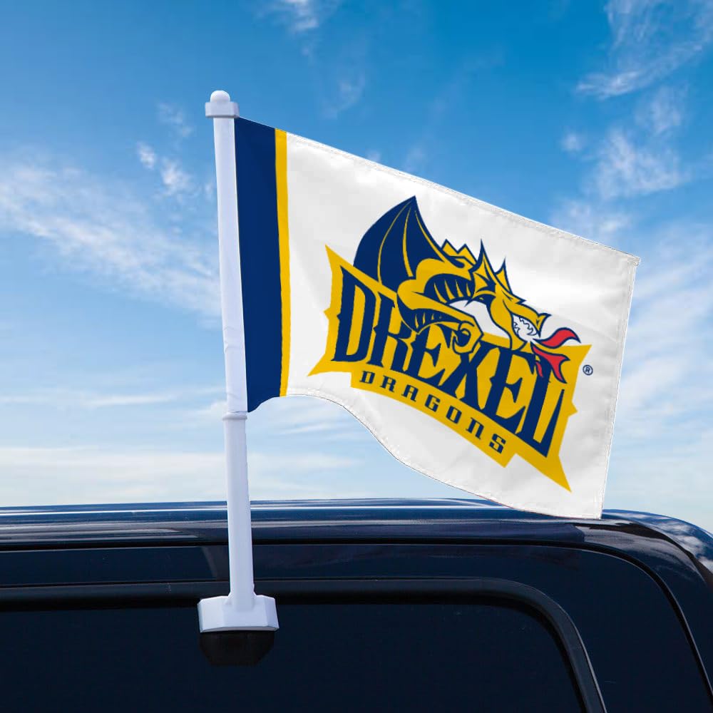 AGAS Drexel DU Dragons Car Flag - 10.5x15 inch Wrap Knitted Polyester - 19" Unbreakable Plastic Pole - Auto Flags