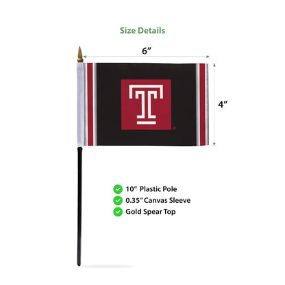 AGAS Temple University Block T Logo Stick Flag 4 x 6 inch – Single Sided Printed Polyester with Bleed Through – Officially Licensed NCAA Product – Temple University Desk Flag with 11 inch Plastic Pole and Black Base