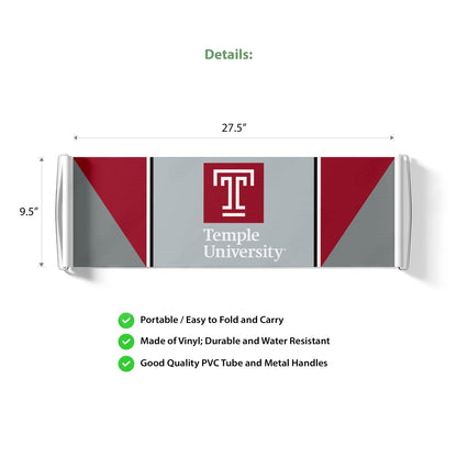 AGAS Temple University Block T and Wordmark Scroll Banner 9.5 x 27.5 inch – Single Sided Printed Vinyl 1 Ply – Officially Licensed NCAA Product – Temple Owls Roll Up Banner with PVC Tube and Handles