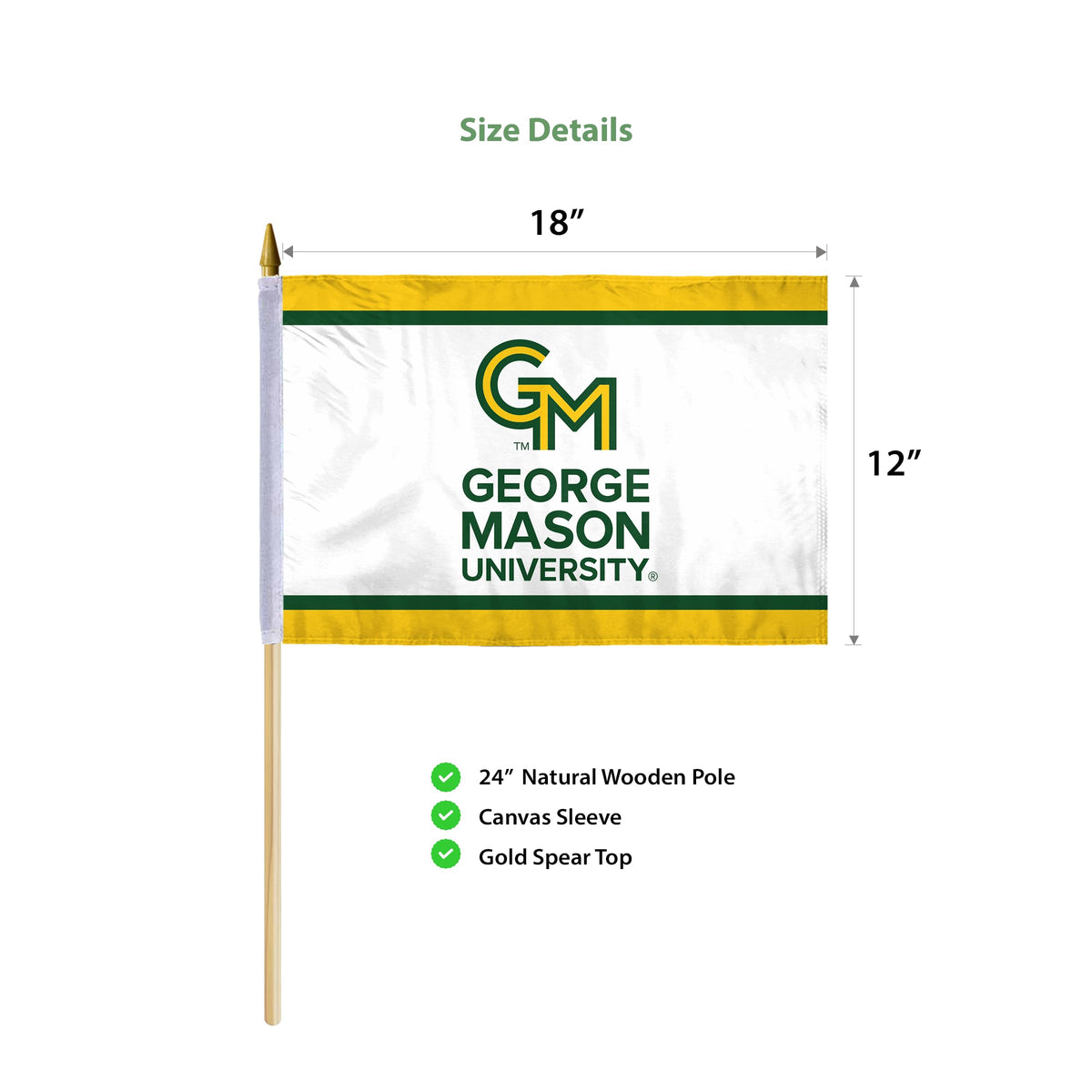 AGAS George Mason GMU University Patriots flags on sticks 12" x 18", Printed Polyester - 24" Wooden Dowel - Handheld Stick Flags