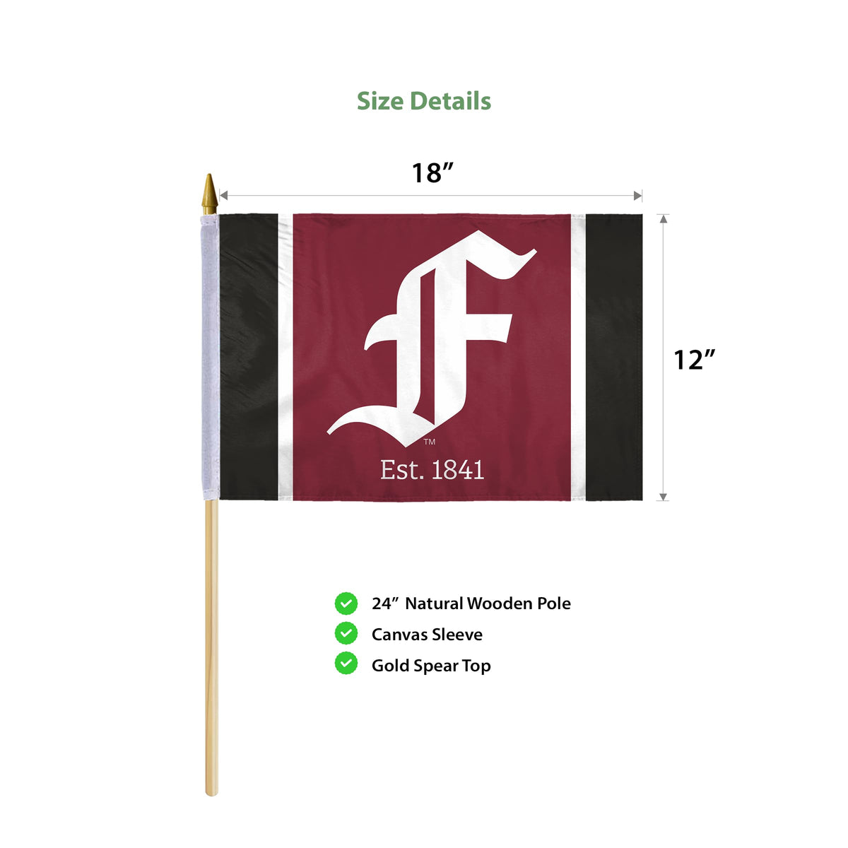 AGAS Fordham University Stick Flag 12 x 18 inch – Single Sided Printed Polyester Fordham Rams Flag with F Logo – Official NCAA Product – Fordham University Hand Flag with 24 inch Wood Pole and Gold Spear Top
