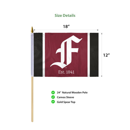 AGAS Fordham University Stick Flag 12 x 18 inch – Single Sided Printed Polyester Fordham Rams Flag with F Logo – Official NCAA Product – Fordham University Hand Flag with 24 inch Wood Pole and Gold Spear Top