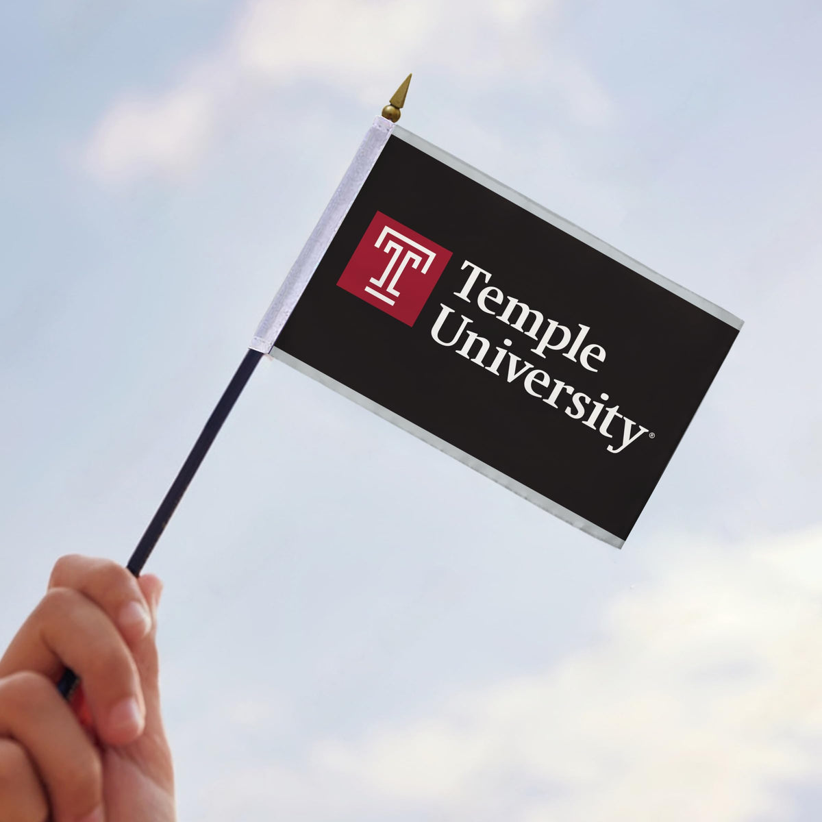 AGAS Temple University Wordmark Logo Stick Flag 4 x 6 inch – Single Sided Printed Polyester with Bleed Through – Officially Licensed NCAA Product – Temple University Desk Flag with 11 inch Plastic Pole and Black Base - Black Background