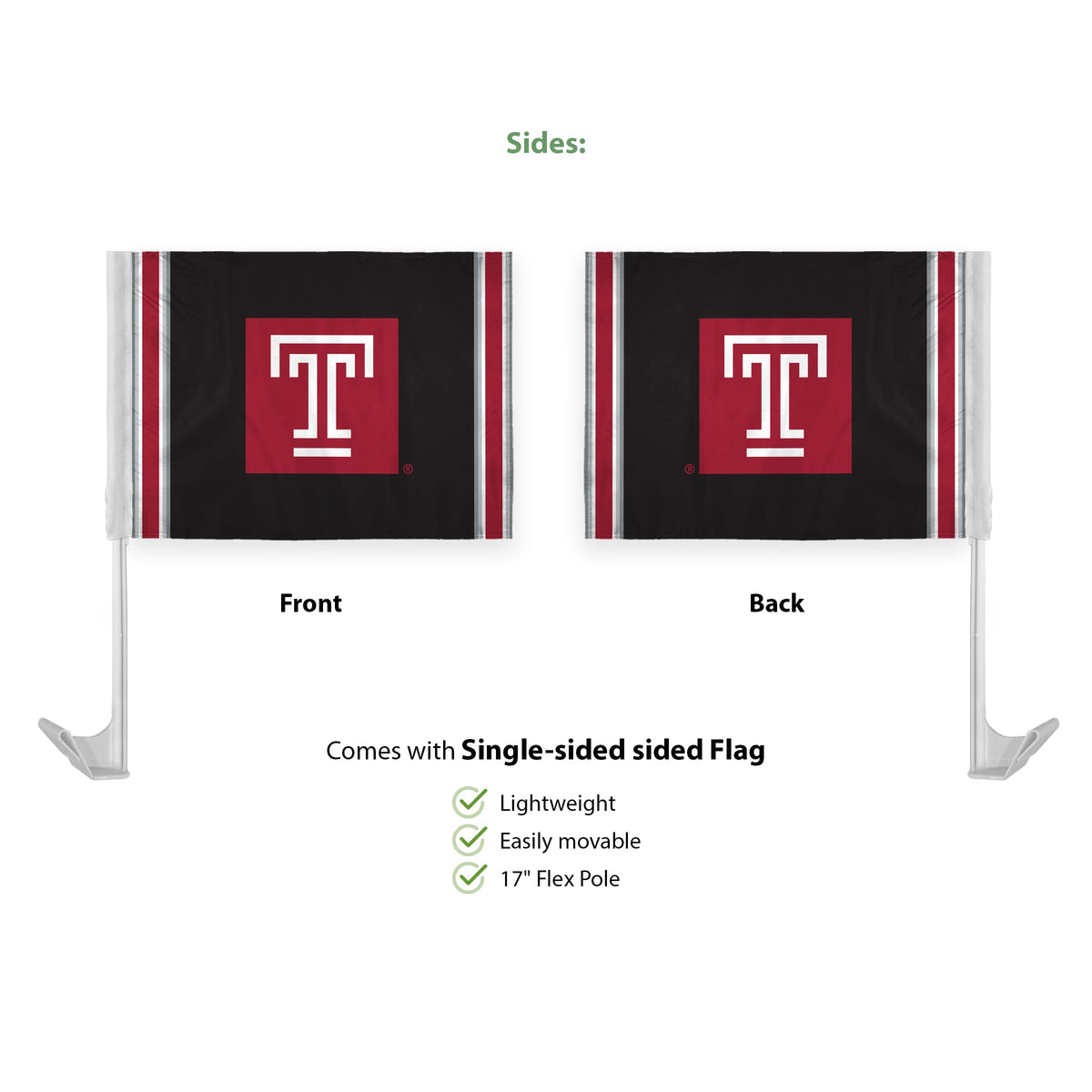 AGAS Temple University T Logo Economy Car Flag 12 x 16 inch – Single Sided Printed Polyester with Bleed Through – Officially Licensed NCAA Product – Temple Owls Vehicle Flag with 17 inch Flex Pole and 1 inch Closed Top Sleeve
