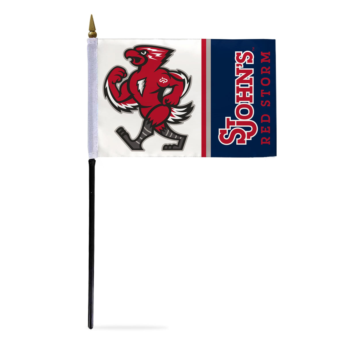 AGAS St. John’s University Stick Flag 4 x 6 inch – Single Sided Printed Polyester SJU Red Storm Mascot Design – Official NCAA Red Storm Small Flag – Desk Display with 11 inch Plastic Pole and Black Base