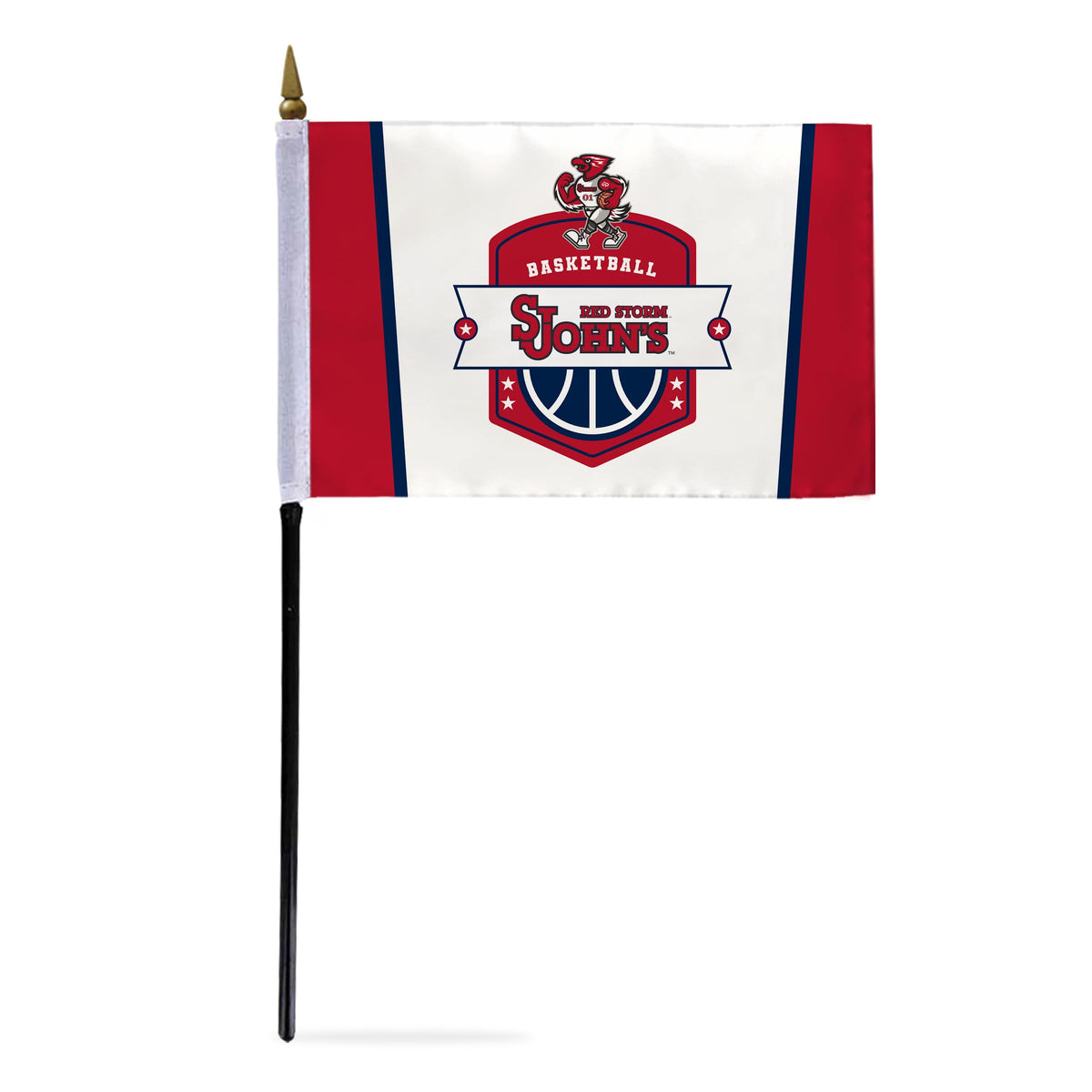 AGAS St. John’s University Stick Flag 4 x 6 inch – Single Sided Printed Polyester Basketball Shield Design – Official NCAA Red Storm Small Flag – Desk Display with 11 inch Plastic Pole and Black Base