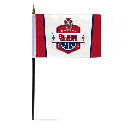 AGAS St. John's University Stick Flag 4 x 6 inch – Single Sided Printed Polyester Basketball Shield Design – Official NCAA Red Storm Small Flag – Desk Display with 11 inch Plastic Pole and Black Base