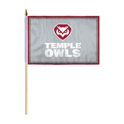 AGAS Temple Owls Text and Owl Logo Stick Flag 12 x 18 inch – Single Sided Printed Polyester with Bleed Through – Officially Licensed NCAA Product – Temple Owls Hand Flag with 24 inch Wood Pole and Gold Spear Top