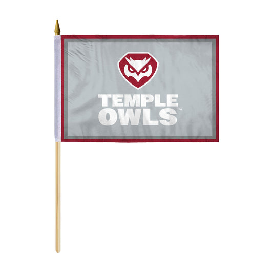 AGAS Temple Owls Text and Owl Logo Stick Flag 12 x 18 inch – Single Sided Printed Polyester with Bleed Through – Officially Licensed NCAA Product – Temple Owls Hand Flag with 24 inch Wood Pole and Gold Spear Top