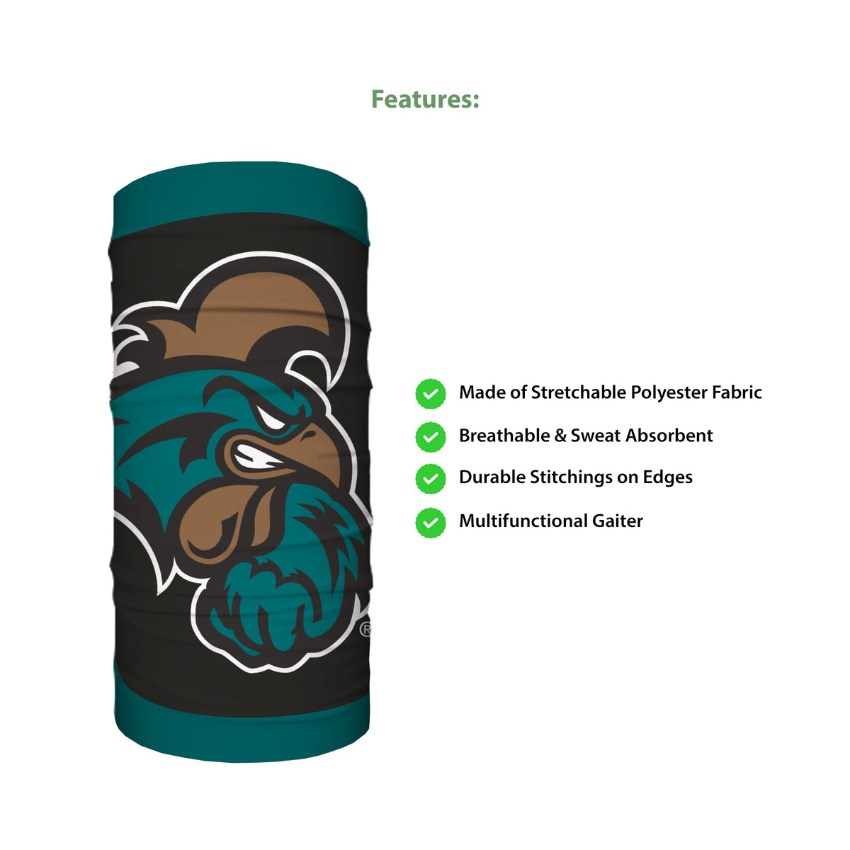 AGAS Coastal Carolina CCU University Neck Gaiter Face Cover, Multiuse Balaclava, Chanticleers Beanie, Headband, Bandana, Neck Warmer, Running Scarf, Hair Band, Wristband, Officially Licensed CCU Gear