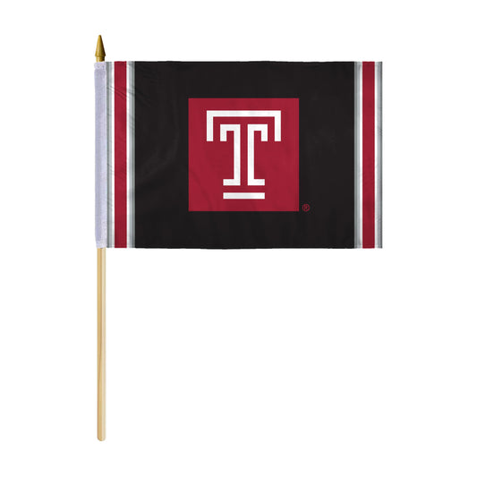 AGAS Temple University Block T Logo Stick Flag 12 x 18 inch – Single Sided Printed Polyester with Bleed Through – Officially Licensed NCAA Product – Temple University Hand Flag with 24 inch Wood Pole and Gold Spear Top