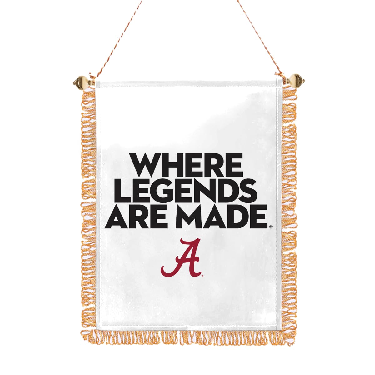 Alabama University Crimson Tide Gold Fringed Where Legends Are Made Mini Banner - 4x6 Inch Double-Sided Printed PolySatin Fabric with Adjustable Plastic Gold Bead, Suction Cup, and Gold Strings For Hanging- Officially Licensed Collegiate Merchandise