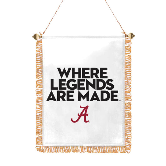 Alabama University Crimson Tide Gold Fringed Where Legends Are Made Mini Banner - 4x6 Inch Double-Sided Printed PolySatin Fabric with Adjustable Plastic Gold Bead, Suction Cup, and Gold Strings For Hanging- Officially Licensed Collegiate Merchandise