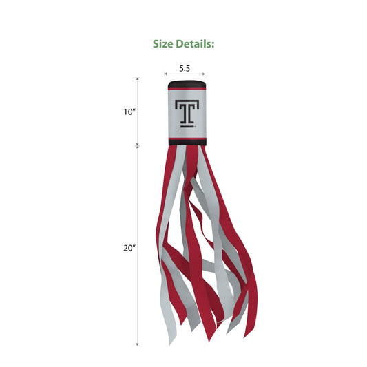 AGAS Temple University Block T Windsock 30 x 5.5 inch – Single Sided Printed Polyester with Bleed Through – Officially Licensed NCAA Product – Temple University Windsock with Hanging Clip and Red White Streamers