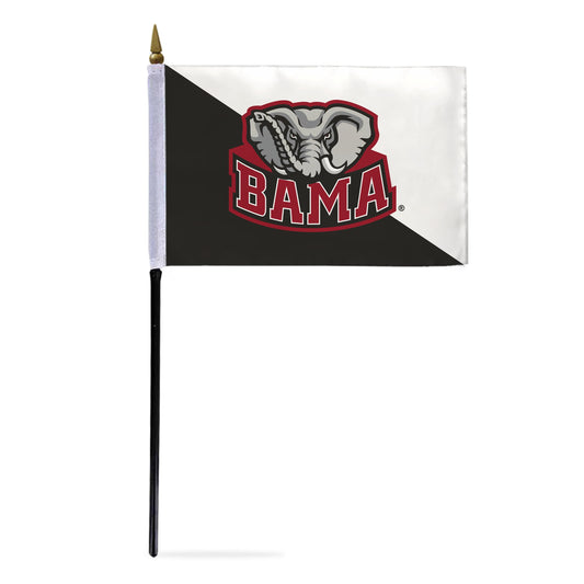 AGAS 4"x6" Alabama University Crimson Tide Bama flags on sticks Single-Reverse Printed Polyester - Mounted on 10" Plastic Pole with Base - NCAA Licensed Mini Angry AL Mascot Handheld Stick Flag