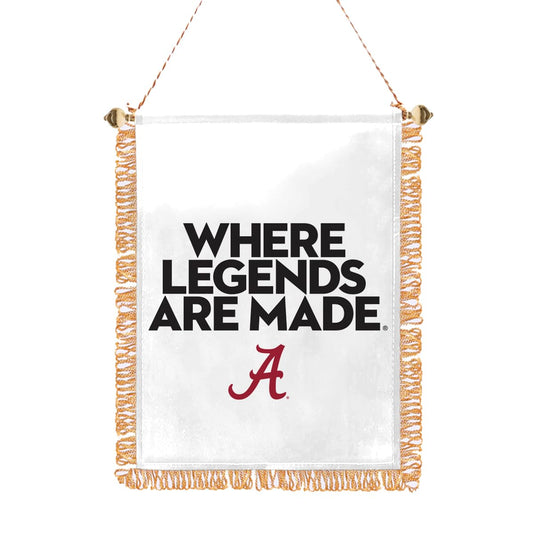 Alabama University Crimson Tide Gold Fringed Where Legends Are Made Mini Banner - 4x6 Inch Single-Sided Printed PolySatin Fabric with Adjustable Plastic Gold Bead, Suction Cup, and Gold Strings For Hanging- Officially Licensed Collegiate Merchandise