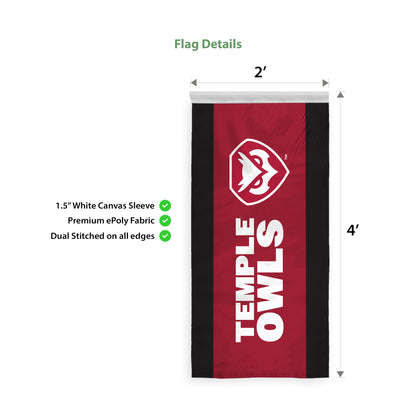 AGAS Temple Owls Vertical Text Banner 2 x 4 ft – Single Sided Printed Polyester with Bleed Through – Officially Licensed NCAA Product – Temple University Hanging Banner with 1.5 inch Pole Sleeve and Reinforced Stitching