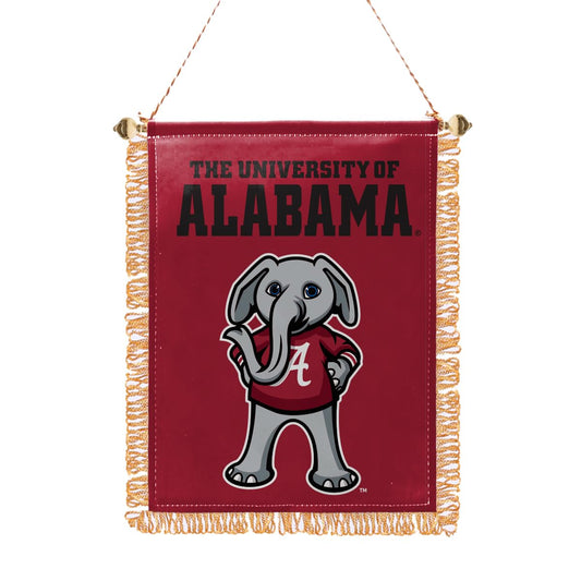 Alabama University Crimson Tide Gold Fringed Big Al Mini Banner - 3x5 Inch Single-Sided Printed PolySatin Fabric with Adjustable Plastic Gold Bead, Suction Cup, and Gold Strings For Hanging- Officially Licensed Collegiate Merchandise