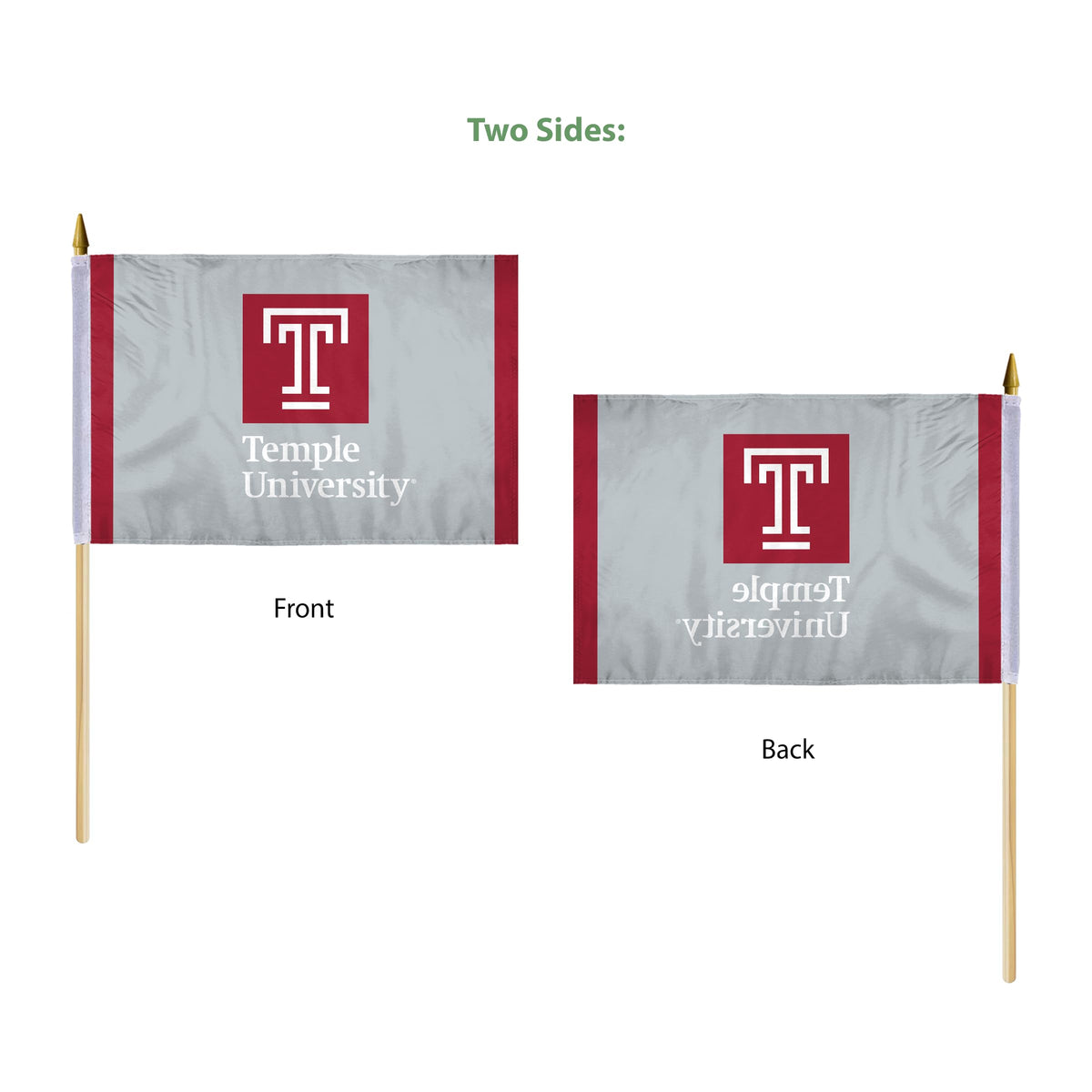 AGAS Temple University Wordmark Logo Stick Flag 12 x 18 inch – Single Sided Printed Polyester with Bleed Through – Officially Licensed NCAA Product – Temple University Hand Flag with 24 inch Wood Pole and Gold Spear Top - Grey Background