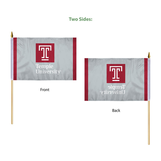 AGAS Temple University Wordmark Logo Stick Flag 12 x 18 inch – Single Sided Printed Polyester with Bleed Through – Officially Licensed NCAA Product – Temple University Hand Flag with 24 inch Wood Pole and Gold Spear Top - Grey Background